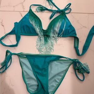 The Bikini Lab Teal Fringe Tie Bikini
